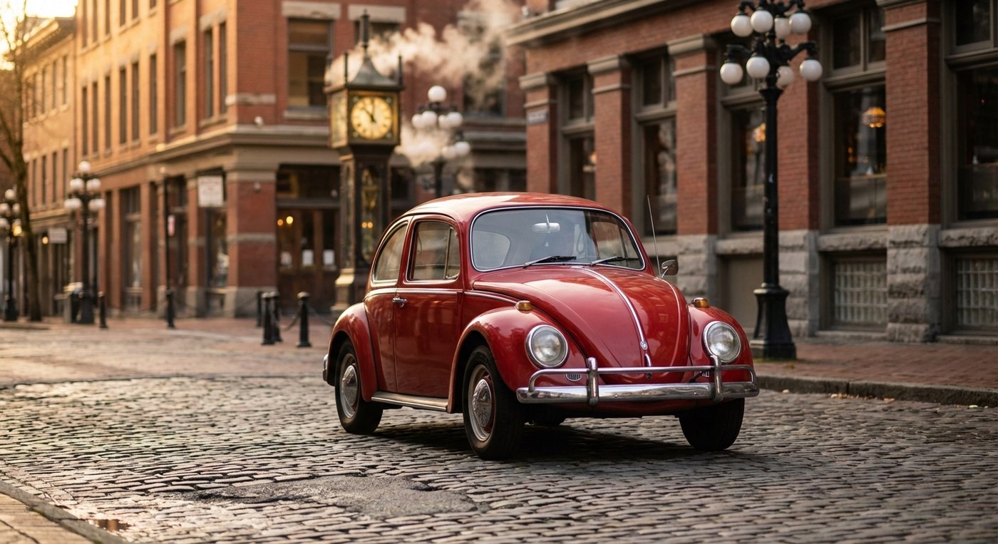 Classic Volkswagen Beetle Gastown Vancouver cobblestone streets