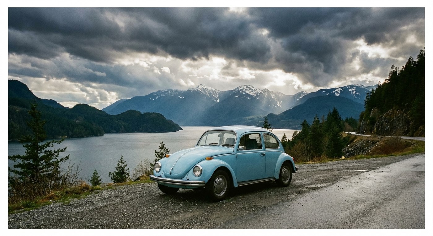 Classic VW Beetle Sea to Sky Highway BC mountains classic car