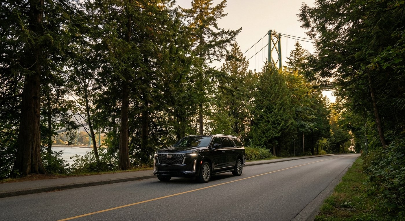 Cadillac Escalade ESV rental Stanley Park Causeway Vancouver Lions Gate Bridge