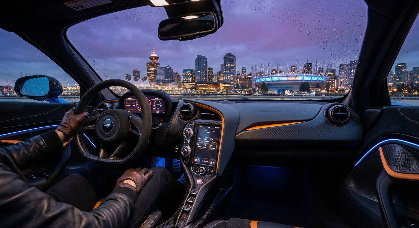 McLaren 720S cockpit interior with Vancouver city skyline visible at dusk