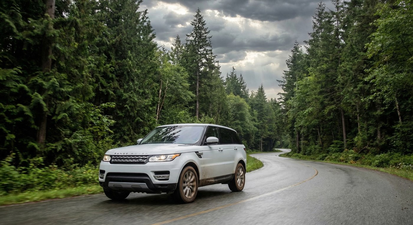 Range Rover driving on a scenic mountain road in North Vancouver BC
