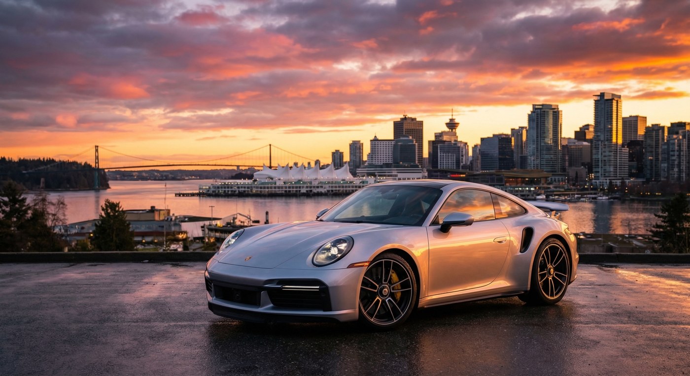 Silver Porsche 911 parked overlooking Vancouver harbour at sunset