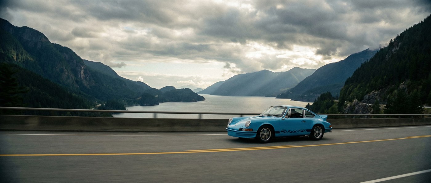 Porsche 911 driving on the Sea-to-Sky Highway in British Columbia with mountains and ocean