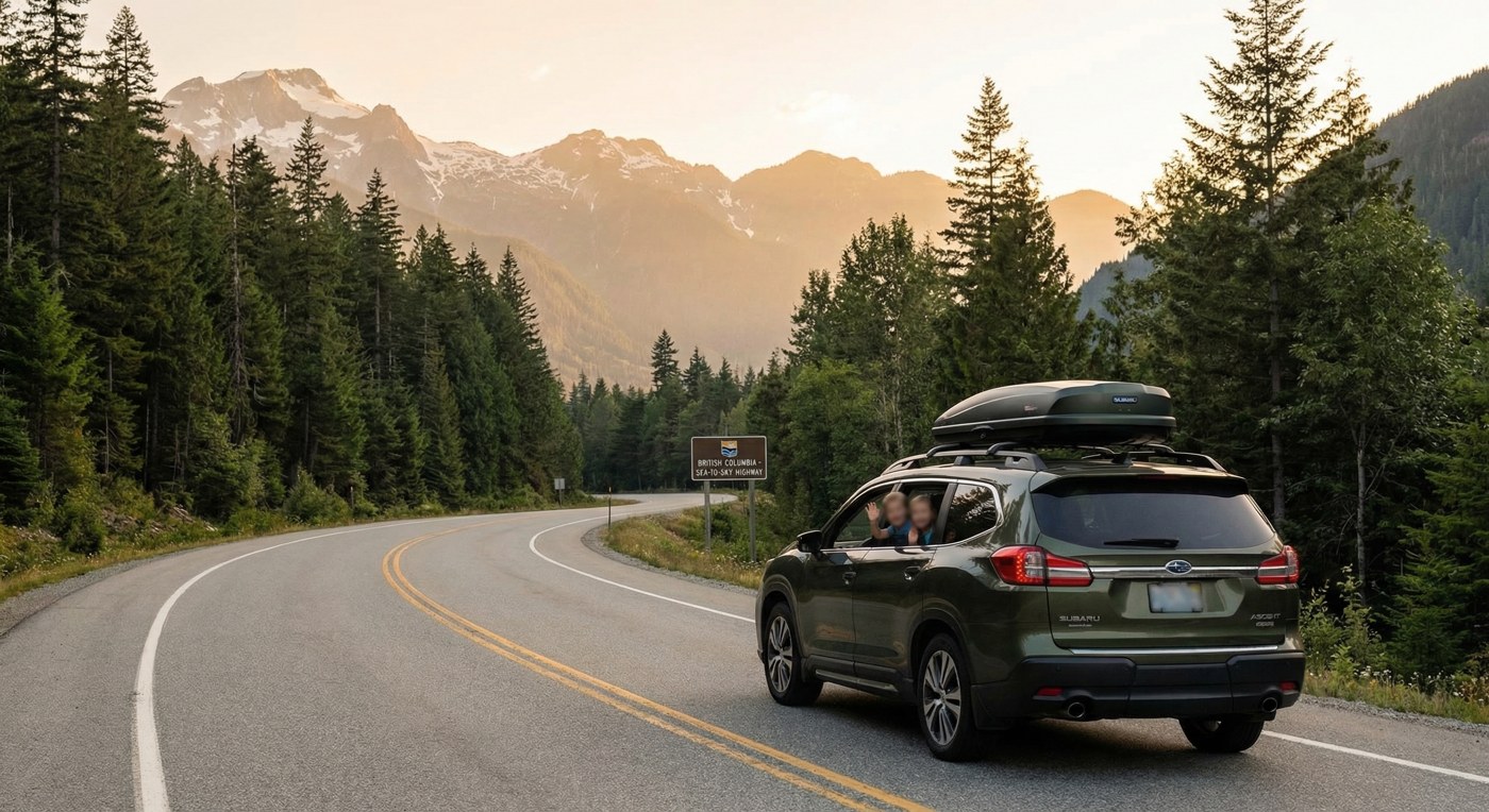 Family SUV driving through a scenic BC highway with forests and mountains