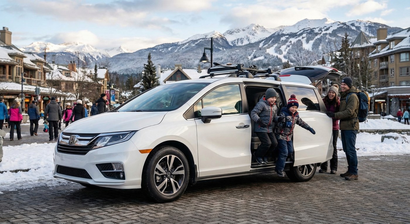 Family arriving at Whistler in a Honda Odyssey with mountains in the background
