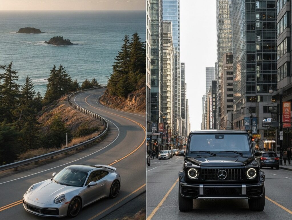 Split comparison Porsche 911 on coastal highway vs G-Class in downtown Vancouver