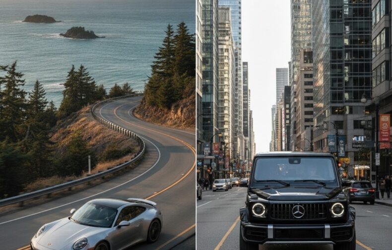 Split comparison Porsche 911 on coastal highway vs G-Class in downtown Vancouver