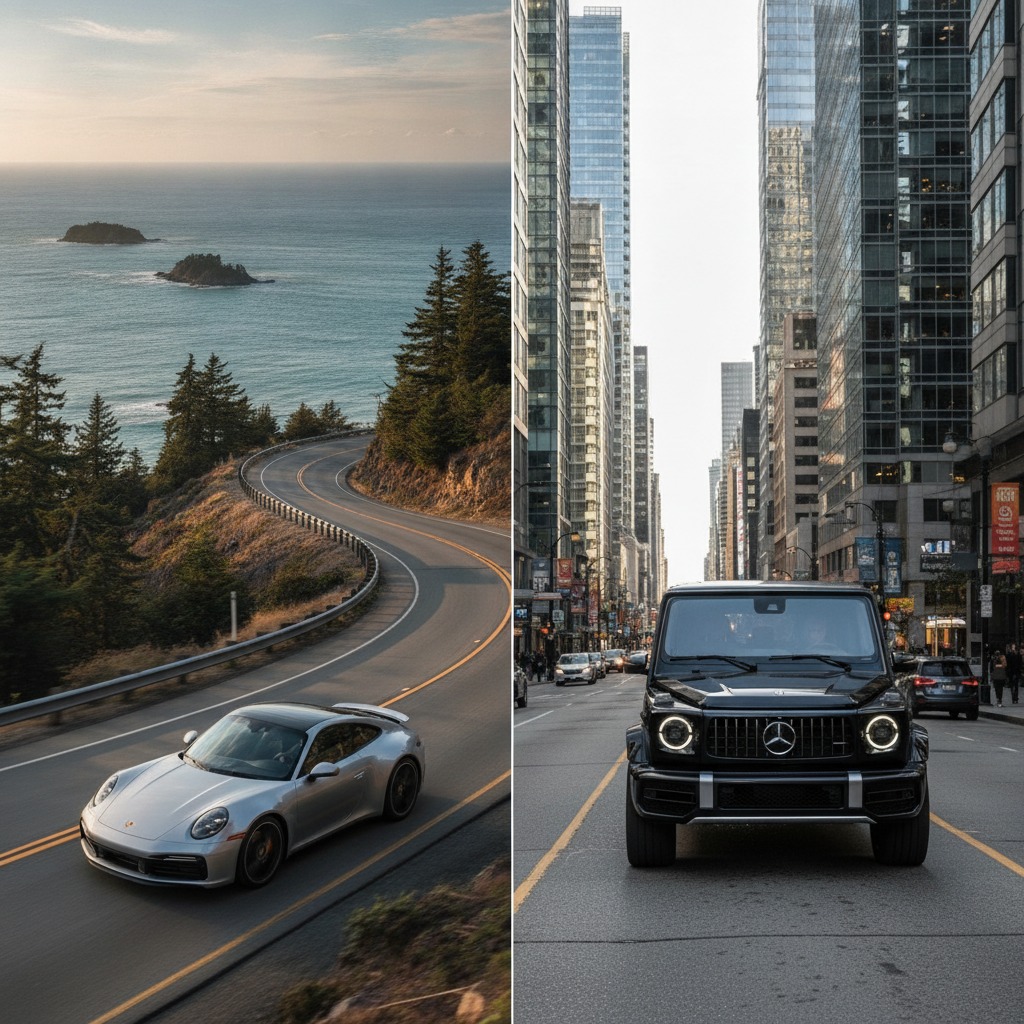 Split comparison Porsche 911 on coastal highway vs G-Class in downtown Vancouver