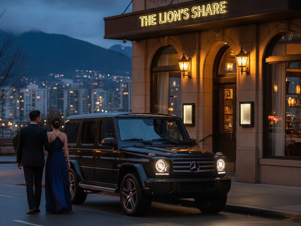 Romantic evening with Mercedes G-Class outside elegant Vancouver restaurant