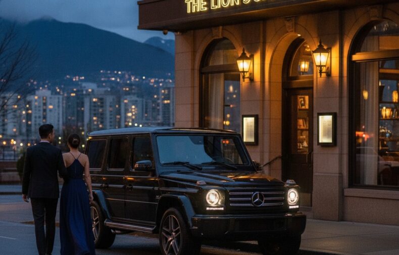 Romantic evening with Mercedes G-Class outside elegant Vancouver restaurant