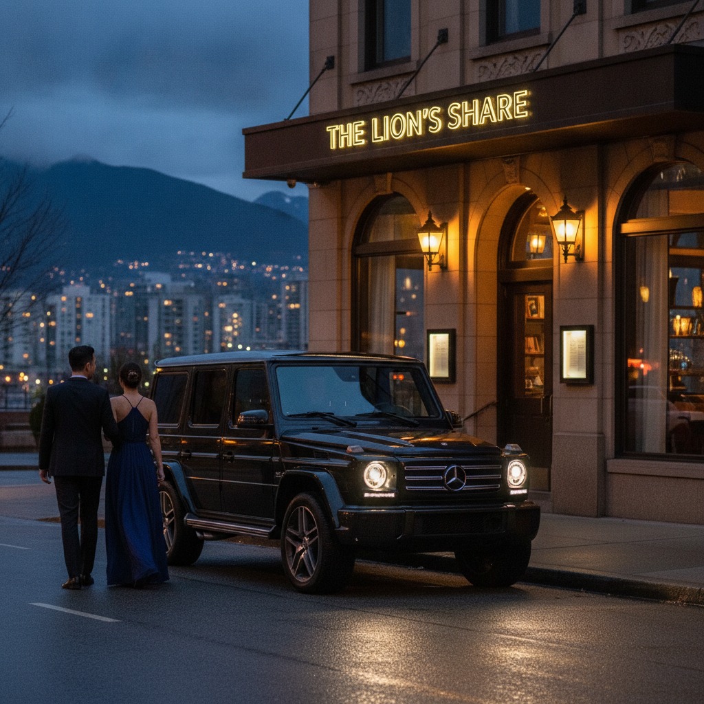 Romantic evening with Mercedes G-Class outside elegant Vancouver restaurant