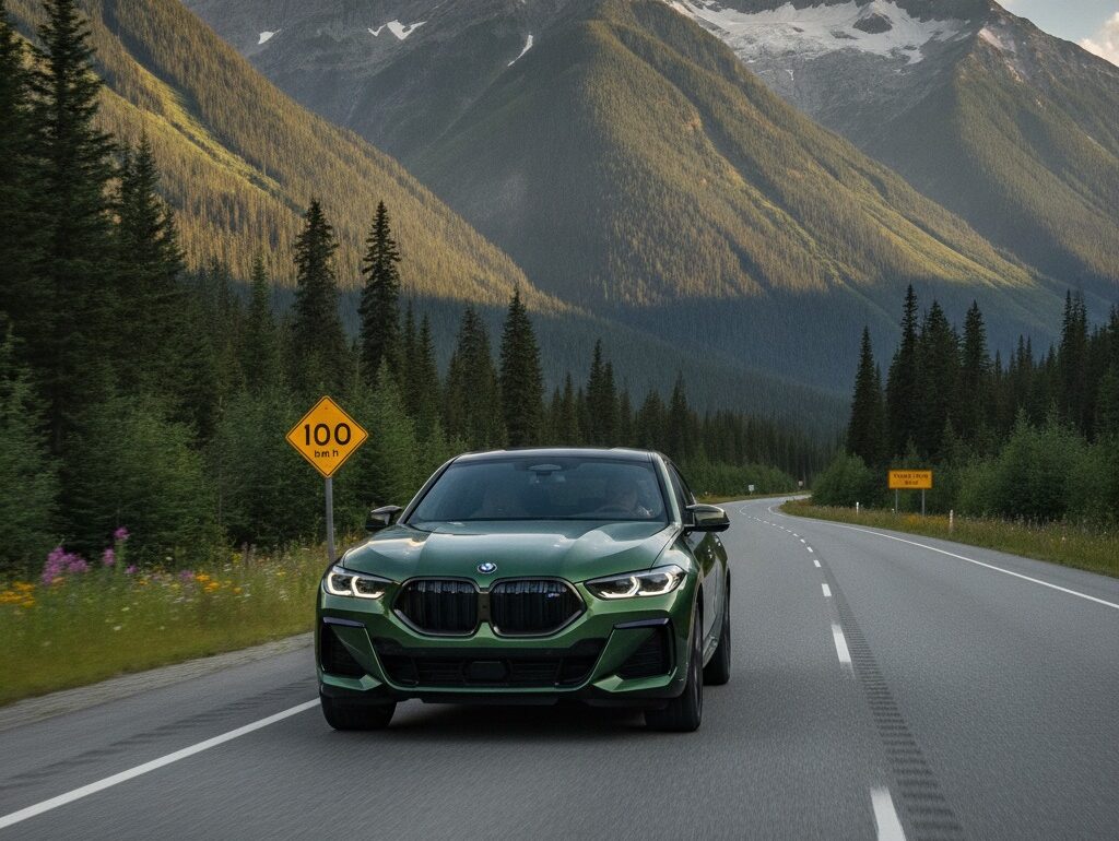 BMW XM on scenic BC highway with mountain passes