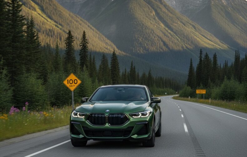 BMW XM on scenic BC highway with mountain passes