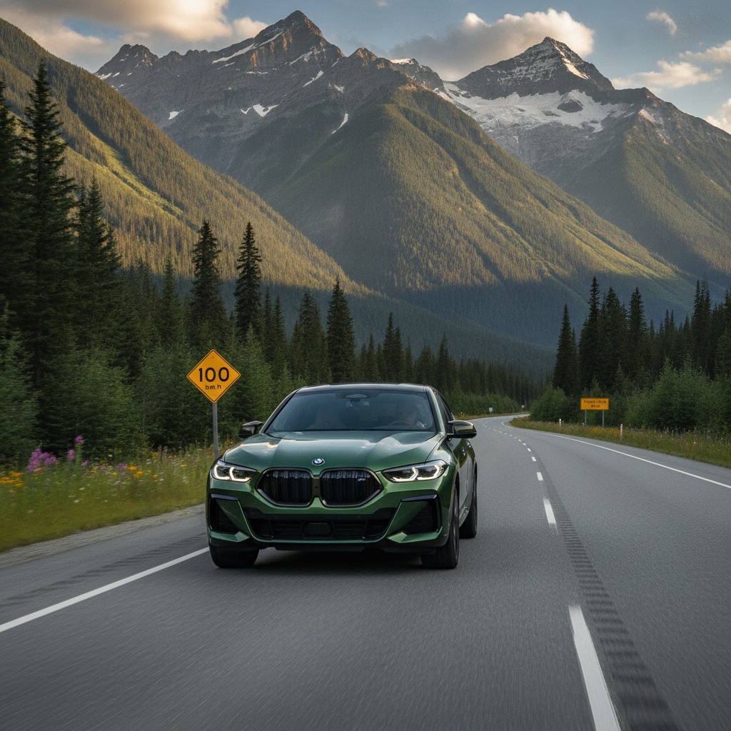 BMW XM on scenic BC highway with mountain passes
