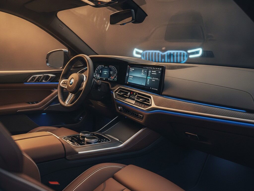 BMW XM cockpit interior with curved digital display and ambient LED lighting