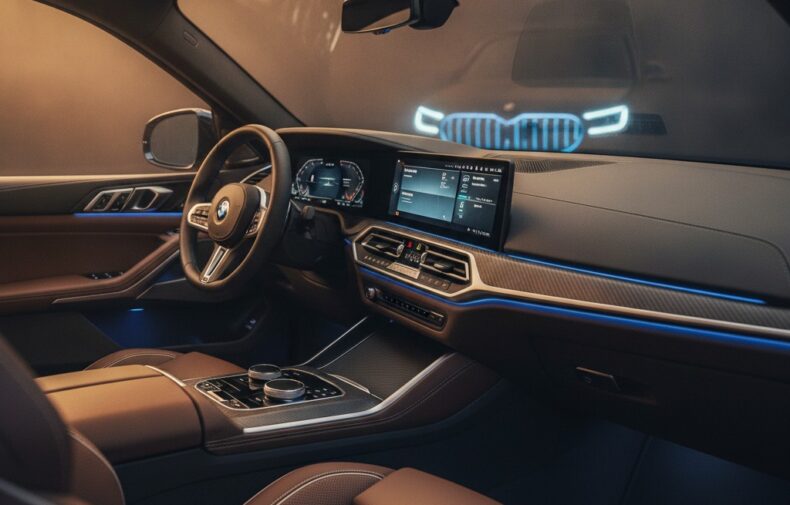 BMW XM cockpit interior with curved digital display and ambient LED lighting