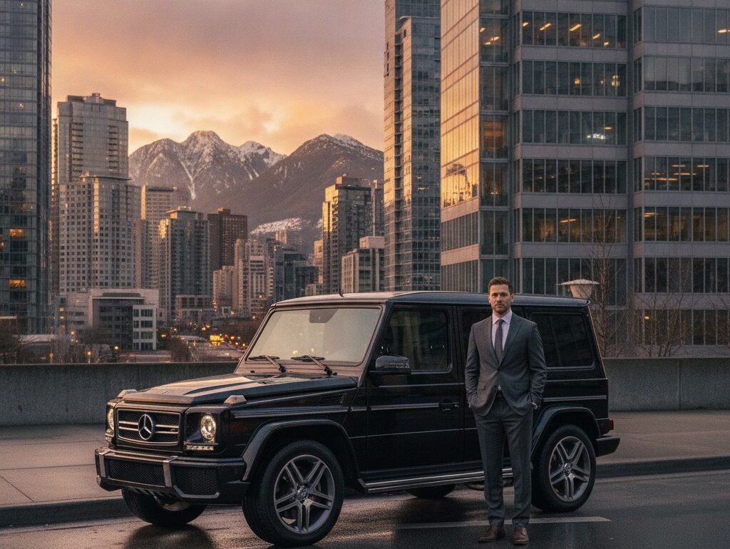 Business traveler with luxury Mercedes G-Class in downtown Vancouver