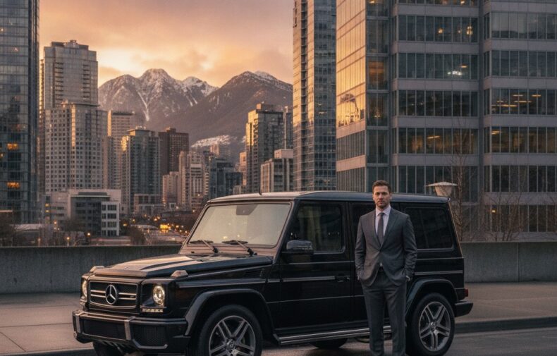Business traveler with luxury Mercedes G-Class in downtown Vancouver