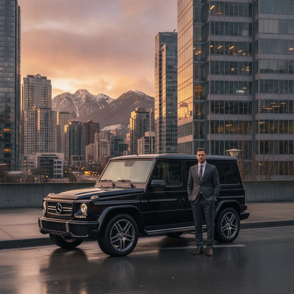 Business traveler with luxury Mercedes G-Class in downtown Vancouver
