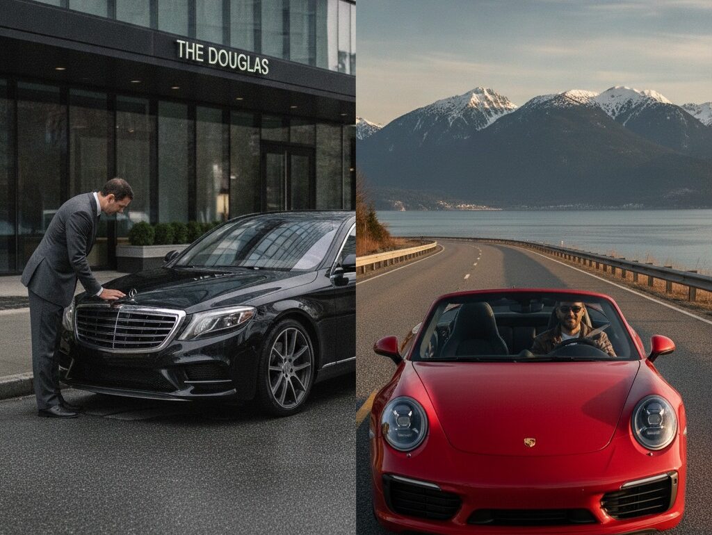 Split comparison of chauffeur-driven luxury sedan and self-drive Porsche 911 in Vancouver