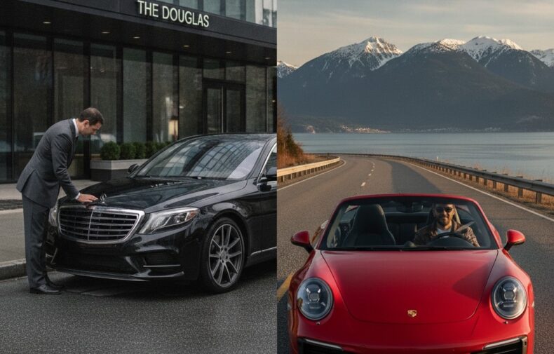 Split comparison of chauffeur-driven luxury sedan and self-drive Porsche 911 in Vancouver