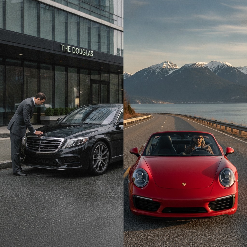 Split comparison of chauffeur-driven luxury sedan and self-drive Porsche 911 in Vancouver