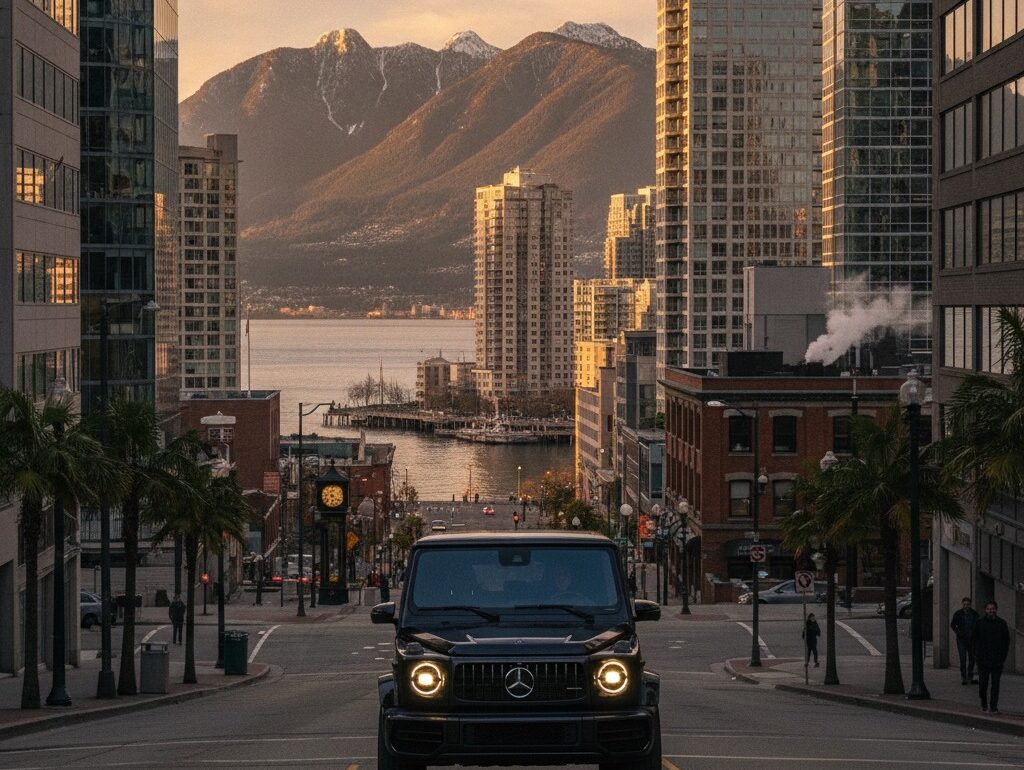 Mercedes G-Class cruising downtown Vancouver skyline at golden hour