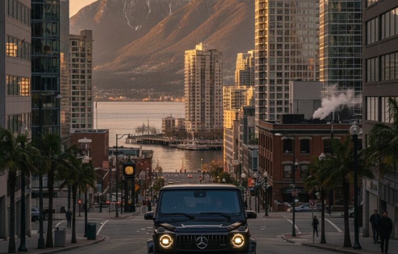 Mercedes G-Class cruising downtown Vancouver skyline at golden hour