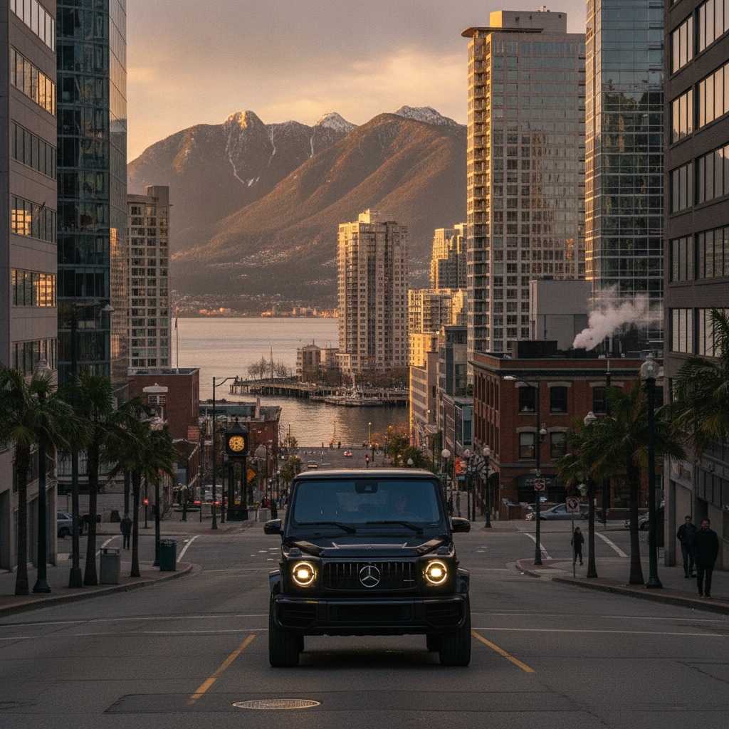 Mercedes G-Class cruising downtown Vancouver skyline at golden hour