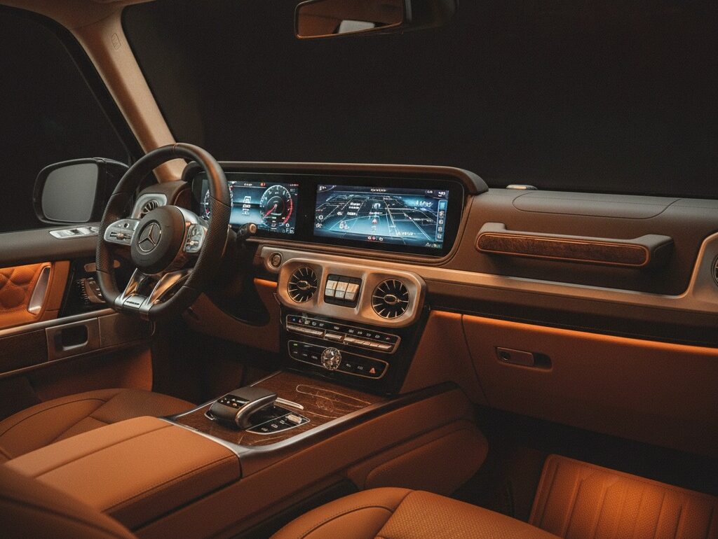 Mercedes G-Class cockpit with dual MBUX displays and ambient lighting