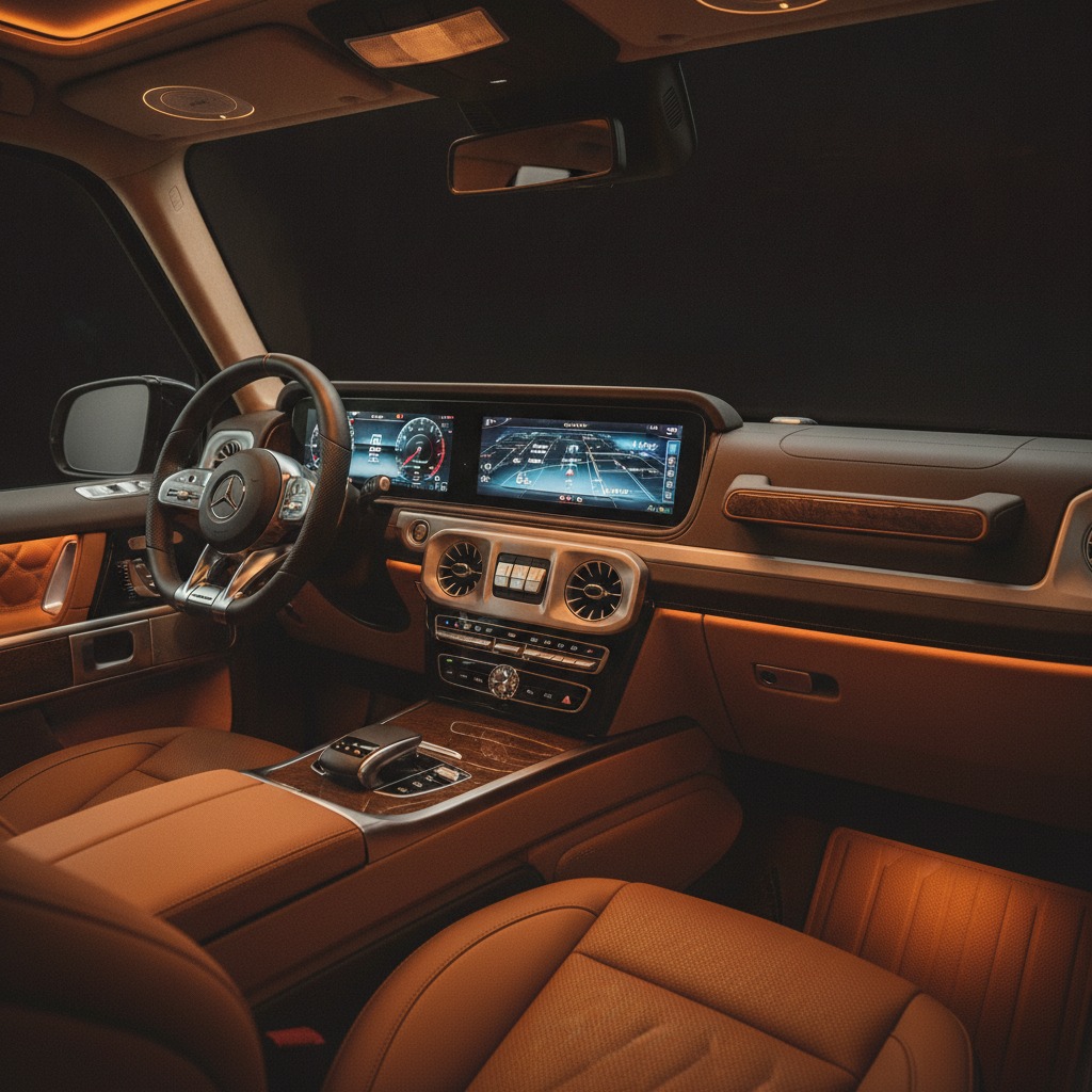Mercedes G-Class cockpit with dual MBUX displays and ambient lighting