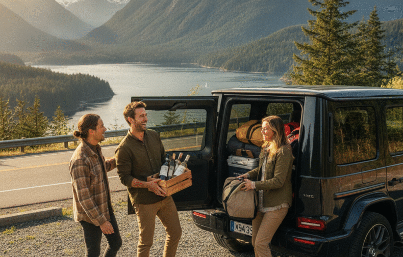 Group loading a Mercedes G-Wagon for a Vancouver to Whistler bachelor weekend