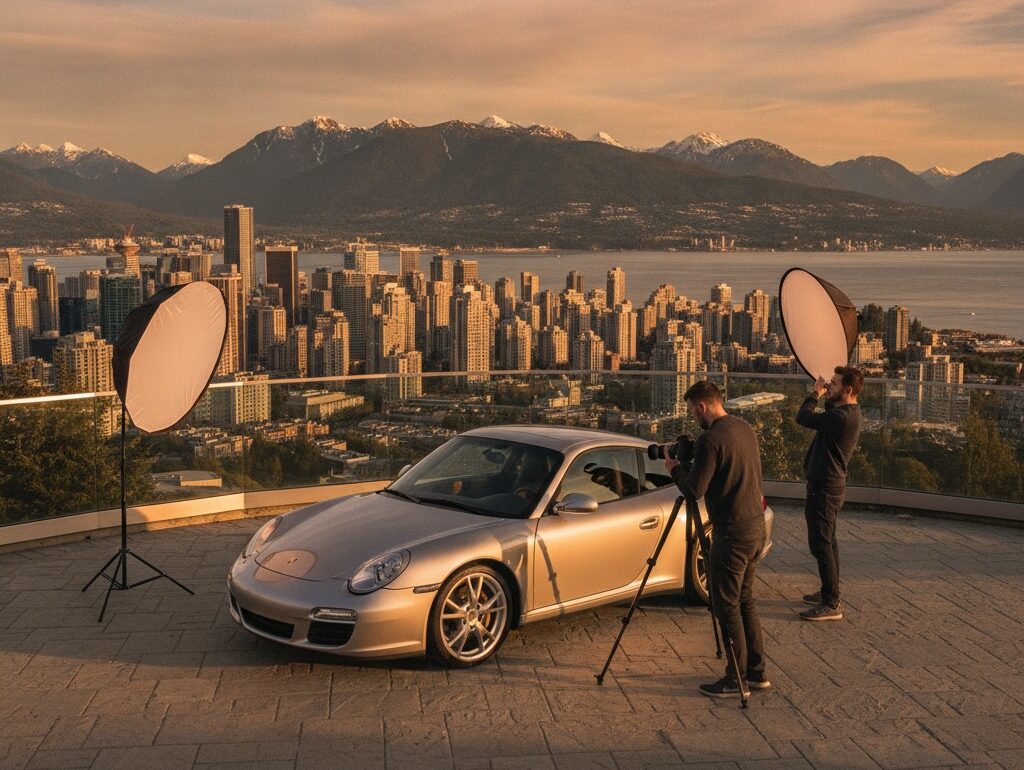 Porsche 911 at scenic Vancouver viewpoint during golden hour photoshoot