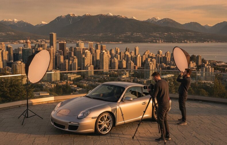 Porsche 911 at scenic Vancouver viewpoint during golden hour photoshoot