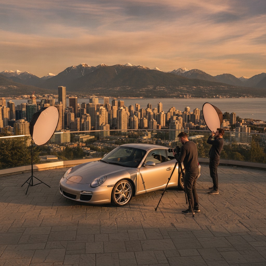Porsche 911 at scenic Vancouver viewpoint during golden hour photoshoot