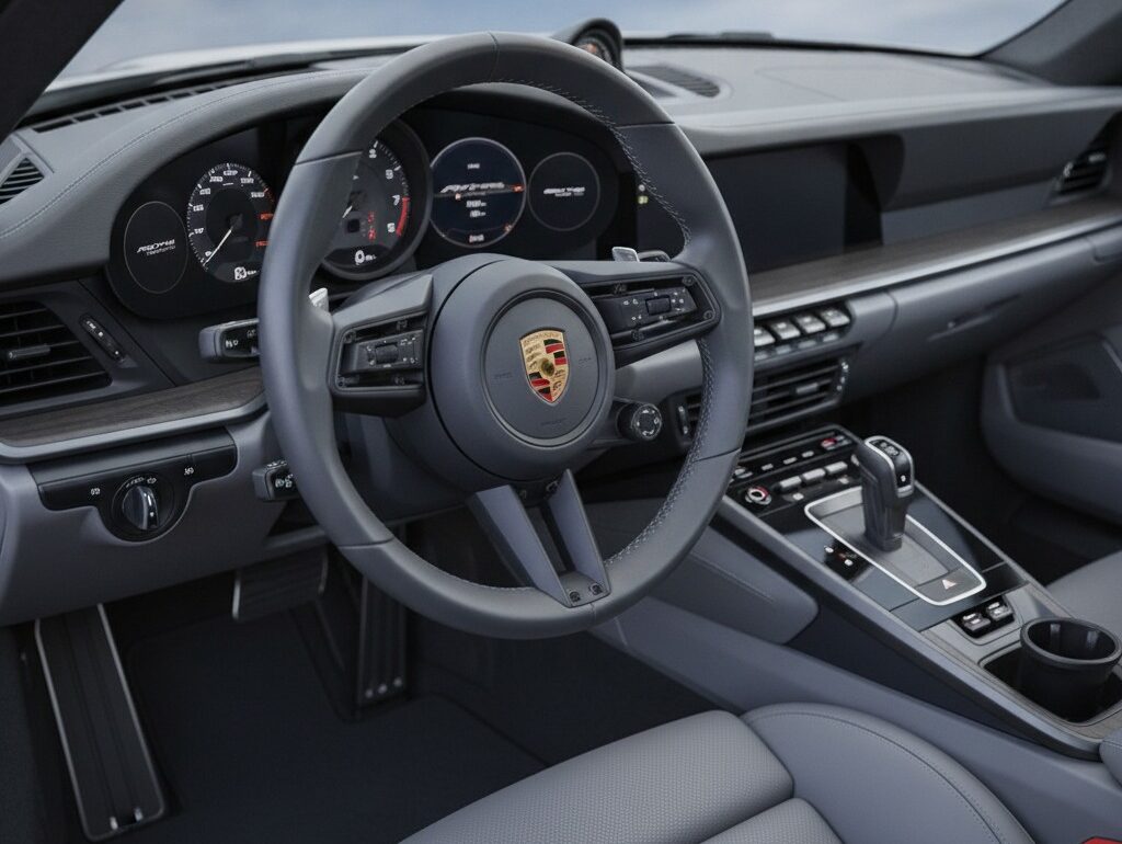 Close-up of Porsche 911 cockpit interior with digital instrument cluster and mode switch
