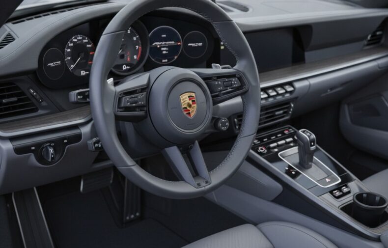 Close-up of Porsche 911 cockpit interior with digital instrument cluster and mode switch