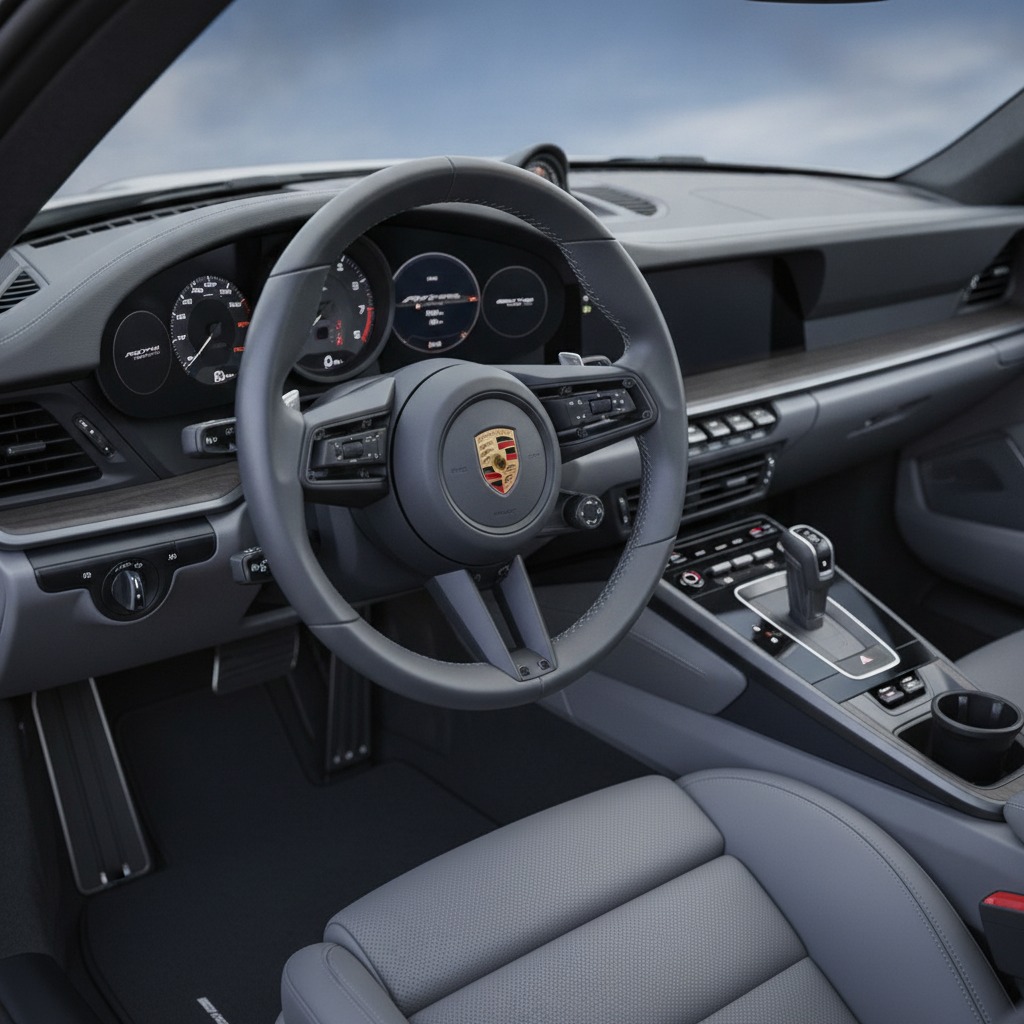 Close-up of Porsche 911 cockpit interior with digital instrument cluster and mode switch