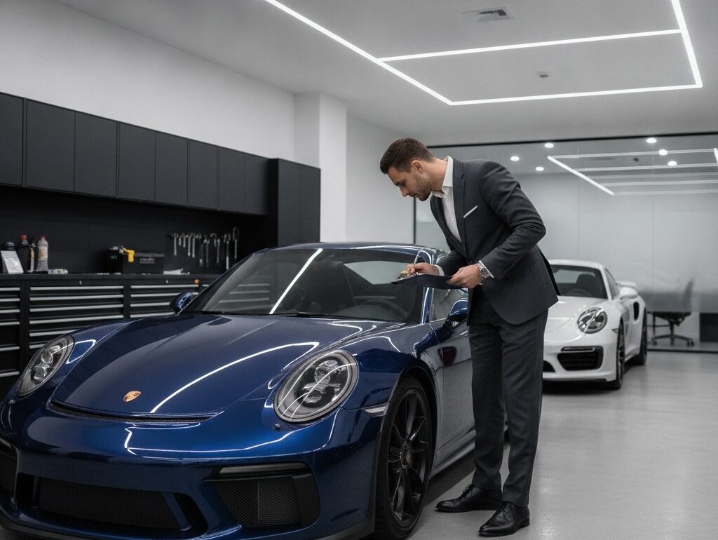 Professional inspecting Porsche 911 before luxury car rental pickup