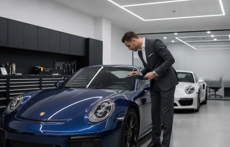Professional inspecting Porsche 911 before luxury car rental pickup