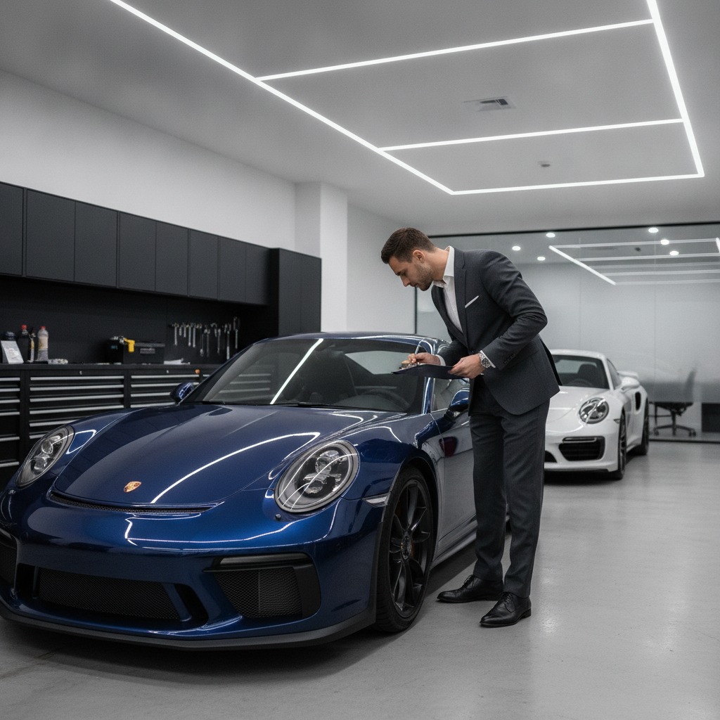 Professional inspecting Porsche 911 before luxury car rental pickup