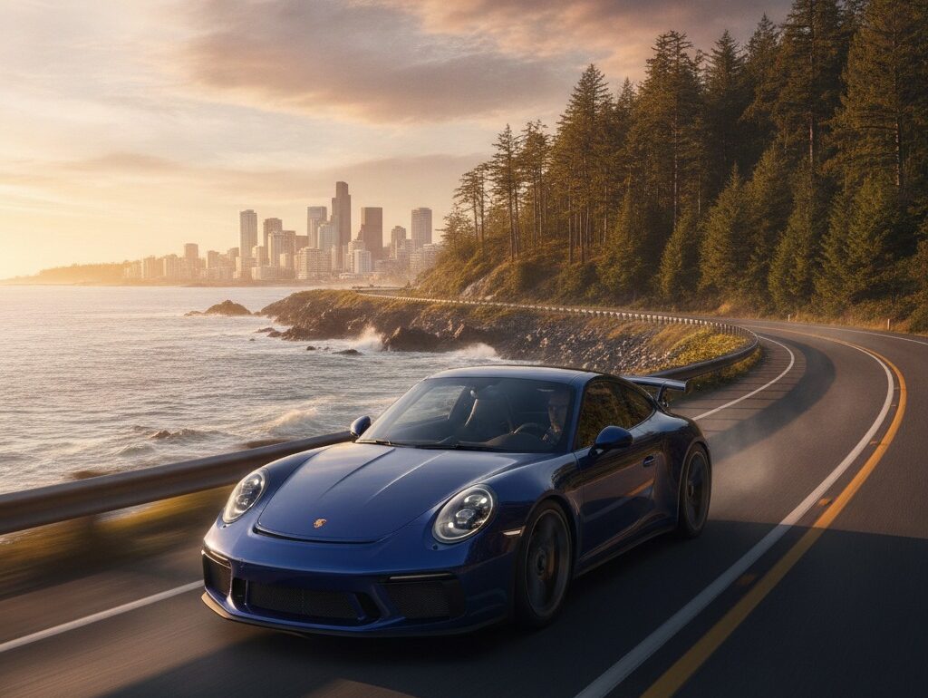Porsche 911 driving scenic Pacific Northwest coastal highway toward Seattle