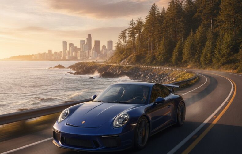 Porsche 911 driving scenic Pacific Northwest coastal highway toward Seattle