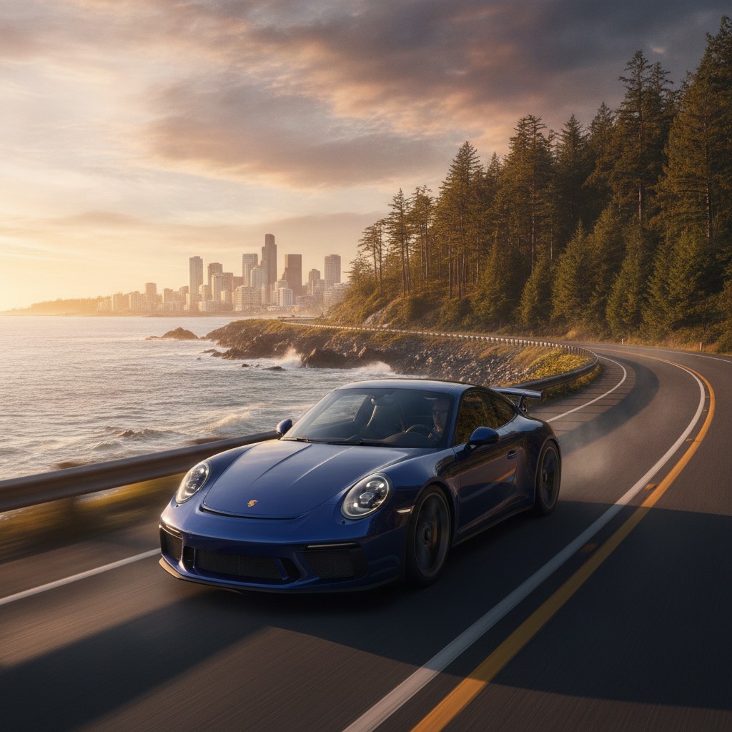 Porsche 911 driving scenic Pacific Northwest coastal highway toward Seattle