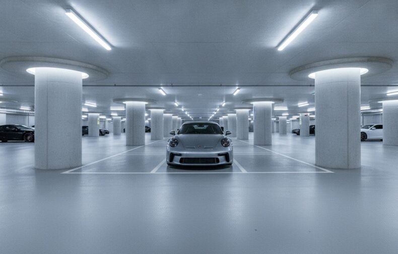 Luxury Porsche parked in secure underground Vancouver parking garage