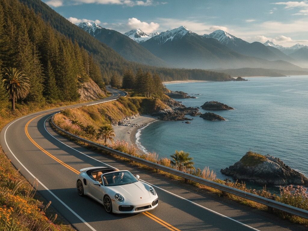 Luxury Porsche driving along coastal BC highway in summer with mountains and ocean
