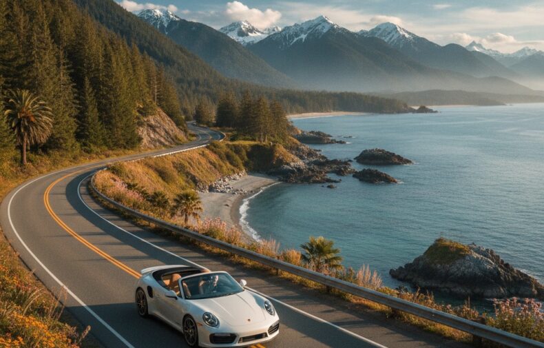Luxury Porsche driving along coastal BC highway in summer with mountains and ocean