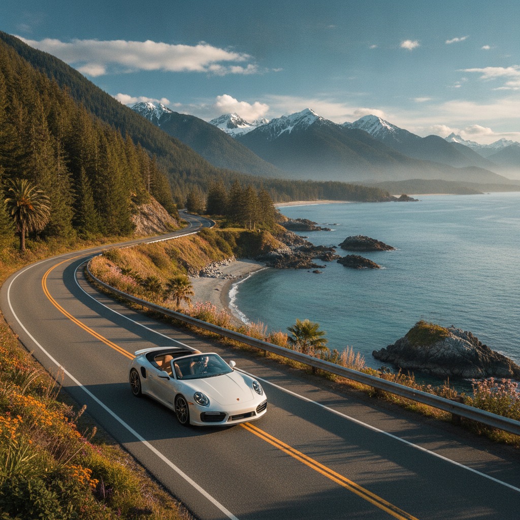 Luxury Porsche driving along coastal BC highway in summer with mountains and ocean