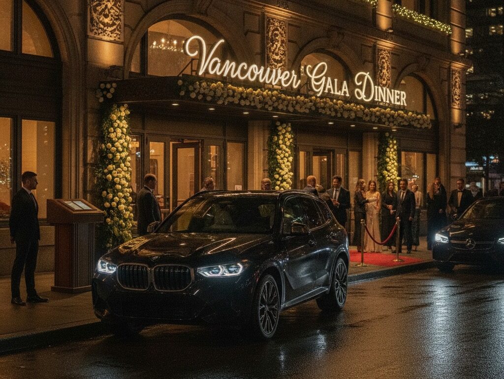 Black BMW XM parked outside elegant Vancouver event venue at night