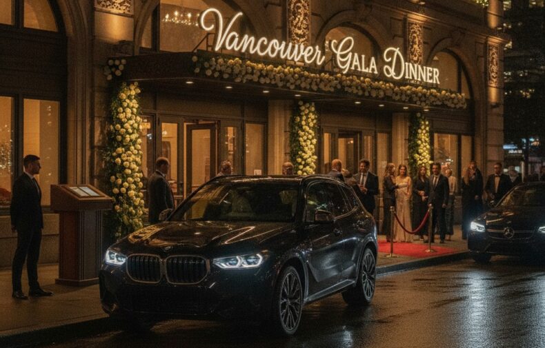 Black BMW XM parked outside elegant Vancouver event venue at night